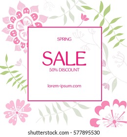Spring sale banner. Sale poster. Get extra off. Square frame with floral pattern on background. Vector illustration
