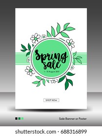 Spring Sale Banner or Poster layout template, jungle leaf, floral tropical summer background, flyers, invitation, brochure, voucher discount, Vector illustration