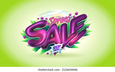 Spring sale banner or poster mockup with tulip flowers, leaves and 3D lettering, vector promotion template for spring season