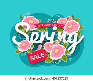 Spring Sale Banner poster tag design with Colorful Flowers. Vector illustration