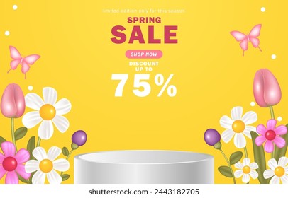 Spring sale banner with product display and flowers decoration for sale, poster, background. vector illustration, easy for edit