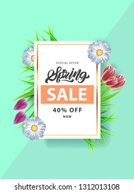 Spring sale banner with realistic flowers tulip, chamomile, rose and grass. gold frame. Invitation, posters, brochure, voucher discount. Vector