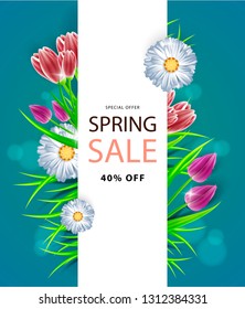 Spring sale banner with realistic flowers tulip, chamomile, rose and grass. White parallel ribbon. Invitation, posters, brochure, voucher discount. Vector