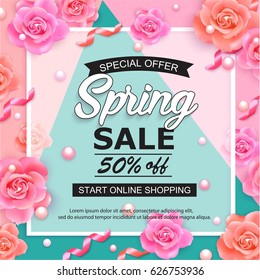 Spring sale banner with roses, pearls and ribbons. Vector background, voucher, brochure template. Universal season spring illustration with place for text.