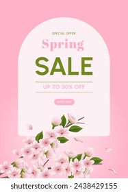 Spring sale banner with sakura flower and leaves. vector illustration.Korean translation "spring sale"