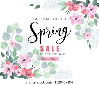 Spring sale banner with sakura flowers and eucalyptus.