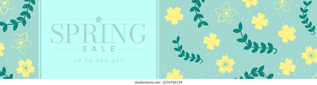 Spring Sale Banner. Spring Season design with flowers, leaves, petals on pink background. Up to 50% tag . Spring Sale Template. Editable Vector Illustration. EPS 10.