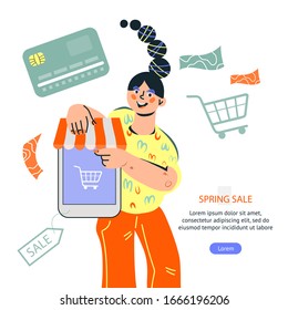 Spring sale banner for season price reduce advertisement with cartoon girl character in trendy flat style. Business promotion of online sales and discounts. Flat vector illustration.