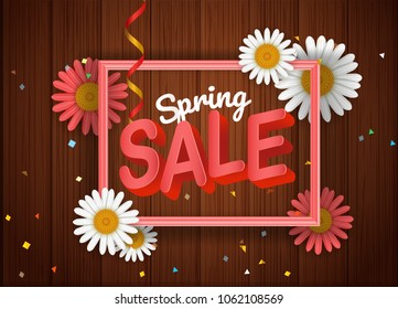 Spring sale banner. Season sale vector banner with white camomile