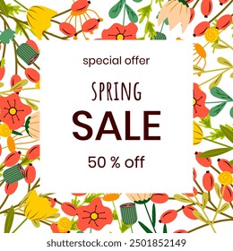  spring sale banner for a shop window with flowers and leaves. Flyers, booklets with flowers and leaves	