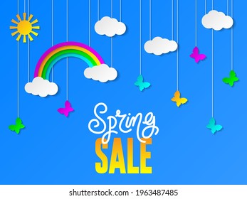 Spring sale banner with sky, butterflies and sale text. Design template for discount vouchers, marketing posters, web banners, shopping flyers. Sale and special offer.