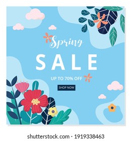 Spring Sale Banner And Social Media Post Template. Vector Flat Design With Flowers.  