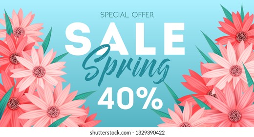 Spring sale banner, special offer, advertising with pink flowers on blue background, invitation, poster, colorful flyer, vector illustration