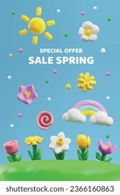 Spring Sale Banner oder Special Store bieten Event-Poster-Vorlage mit Frühlingsblumen, 3D-realistische Vektorgrafik. Design, um den Verkauf der Frühjahrszeit zu fördern.