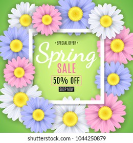Spring sale banner. Square white frame. Multicolored flowers of chamomile on a green background. Seasonal flyer. Special offer. Vector illustration. EPS 10