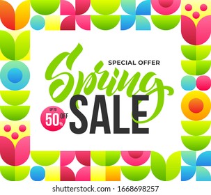 Spring Sale banner template with abstract flower background. Special offer. Vector illustration for advertising, social media marketing, store discount.