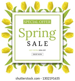 Spring Sale Banner Template Background with Yellow Tulips. Square Frame of Tulips. Voucher, wallpaper,flyers, invitation, posters, brochure, coupon discount,greeting card. Vector illustration.