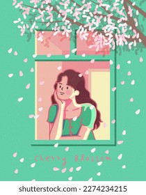 Spring Sale banner template. Beautiful girl and cherry blossom. Happy woman looking out window. Watercolor sakura flower background. Petals flying. Hand drawn style. Vector flat line illustration.