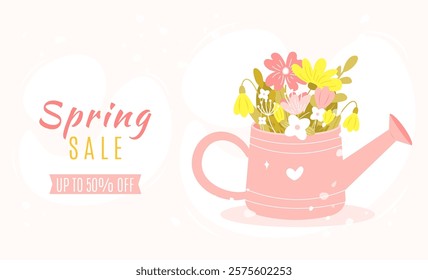 Spring sale banner template with beautiful flowers in watering can. Vector illustration in hand drawn flat cartoon style. Perfect for horizontal banner, poster, flyer, greeting card and so on