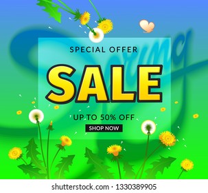 Spring sale banner template with blooming dandelions and handwriting lettering. Background in blue and green colors for promotion. Fresh design for posters, banner, flyer, card. Vector illustration.