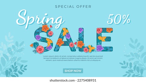 Spring Sale banner template with colorful flowers.