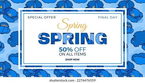 Spring sale banner template with colorful flowers.