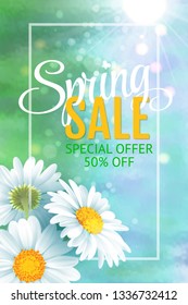 Spring sale banner template with daisy flower for woman shopping, vector illustration.