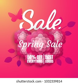 Spring sale banner template with flower on colorful background. Vector illustration. Card for spring season with flowers. Promotion offer with spring plants and flowers decoration. Spring background.
