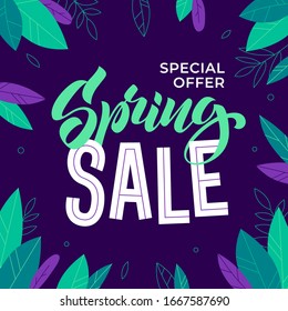 Spring Sale banner template with leaves background. Vector cute seasonal banner in flat style. Floral template for advertising, social media marketing. 