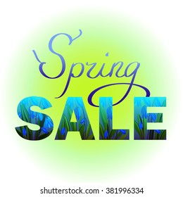 Spring sale banner template. Letters sale with bluebell flowers and leaves on light green background. Design for invitation, banner, ticket. Vector illustration in blue and green colors.