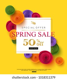 Spring sale banner template with paper rose flowers, vector illustration