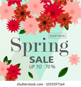 Spring sale banner template with paper flower on colorful background. Vector illustration