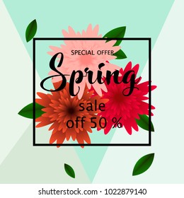 Spring sale banner template with paper flower on colorful background. Vector illustration