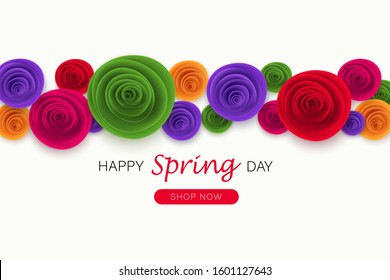 Spring sale banner template with paper flower on colorful background. Vector illustration