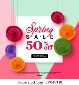 Spring Sale Banner Template With Paper Flower On Colorful Background. Vector Illustration