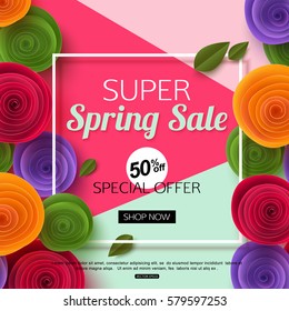 Spring sale banner template with paper flower on colorful background. Vector illustration