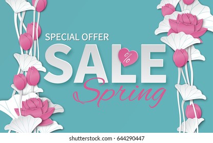 Spring Sale Banner Template With Paper Cut Blooming Pink Lotus Flowers On Blue Floral Background For Banner, Flyer, Invitation, Poster, Web Site Or Greeting Card. Paper Cut Style, Vector Illustration