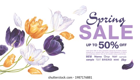 Spring sale banner template with tulip flowers. Background with white, yellow, purple tulips in a bouquet. Vector, realistic style. Spring discount, poster, advertisement, template online promotion.