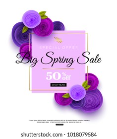 Spring sale banner template with ultra violet paper rose flowers, vector illustration