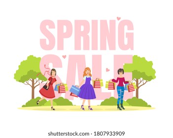 Spring Sale Banner Template, Young Women Taking Part in Seasonal Sale at Store or Mall, Girls Carrying Shopping Bags with Purchases, Vector Illustration
