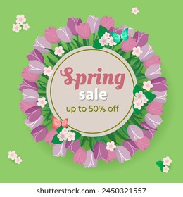 Spring sale banner with tulips, apple blossoms and butterflies.Flowers frame.Vector illustration on green background.For advertising, card,flyer,social media.
