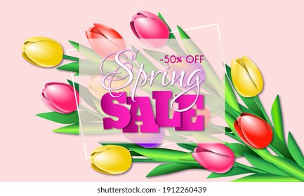 Spring sale banner with tulips on pink background