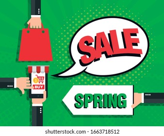 Spring sale banner. Vector background in in pop art style. Vector illustratio