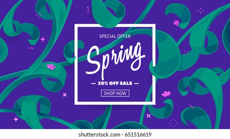 Spring sale banner vector design with white text "SPRING", "Special offer", "30% off sale", button "shop now", square frame & color flowers. Tropic leaves, line stars isolated on blue background