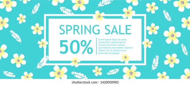 spring sale banner with vector flowers on blue background. Banner perfect for promotions, websites, Vector illustration