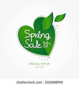 SPRING sale banner vector illustration, flyers, organic Bio icon template, web icon, discount card layout, promotion, green heart shape, header