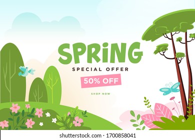 Spring sale banner. Vector illustration for graphic and web design, marketing material, product promotion, social media, online shopping, internet advertising.