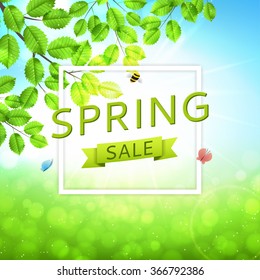 Spring sale banner. Vector illustration. Spring day background with sunshine and branches.