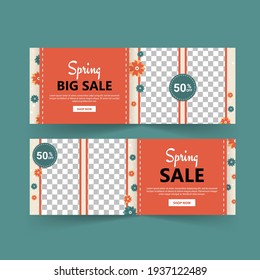 Vector de banner de venta de primavera. Cartel de primavera y plantilla de banner. Compras de vacaciones. Carteles vectores para anuncios en medios sociales, anuncios web, mensajes de negocios, volantes de descuento y banner de gran venta.