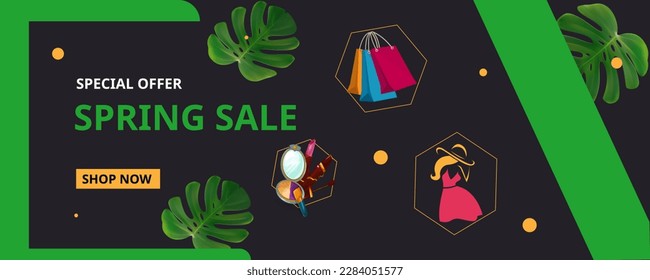 Vector de banner de venta de primavera con bolsas de compras, productos de maquillaje y hermoso vestido en un fondo negro con hojas de selva verde. Se puede usar para banners web, fondos de pantalla, volantes, descuento de cupones.